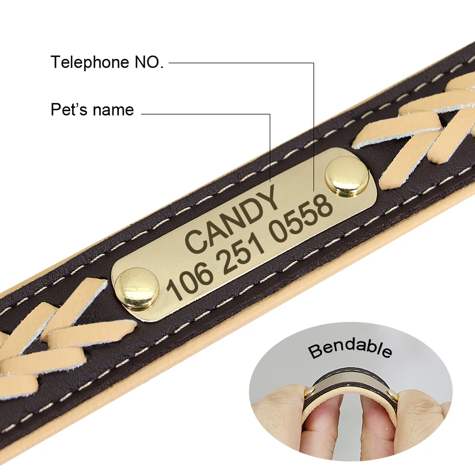 Personalized Braided Leather Dog Collar - Padded With Engraved Name Tag (XS-XL)