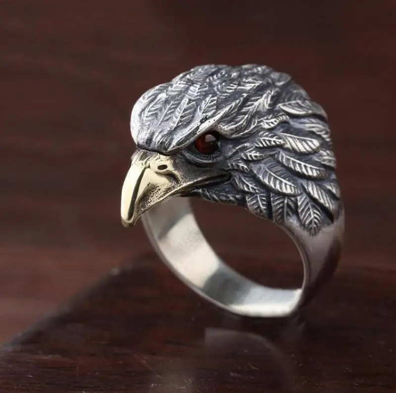 Men's Personality Creative Design Exquisitely Carved Domineering Eagle Head Red Eye Zircon Hip Hop Rock Casual Ring