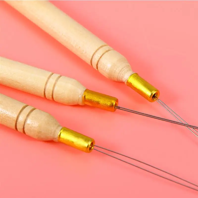 10/12Pcs Hair Extension Hook Pulling Tool Needle Threader Micro Rings Link Beads Loop Wooden Handle With Iron Wire hair extensions tool