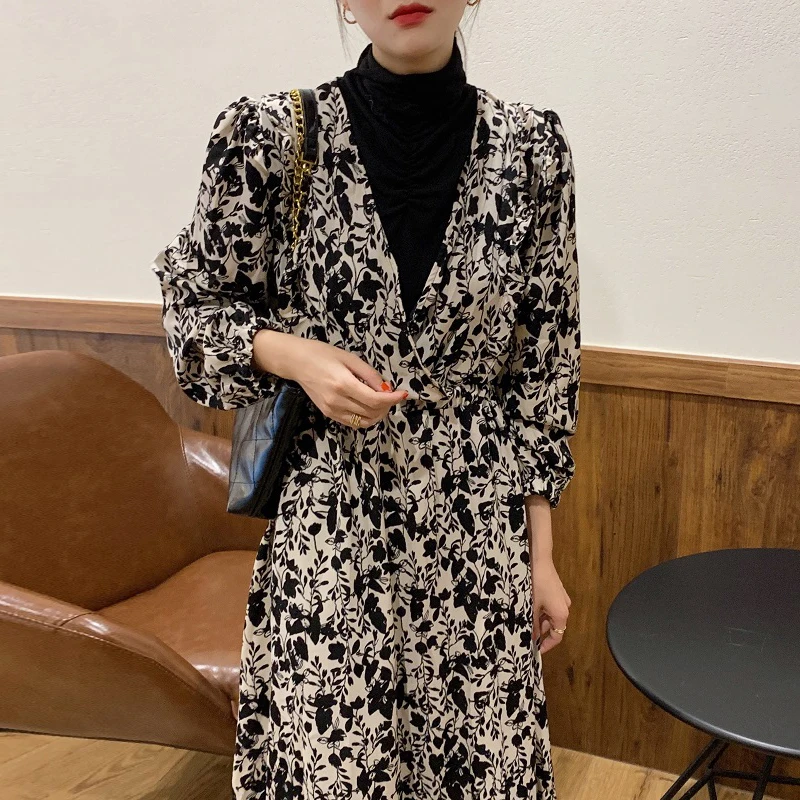 

Maxi Dress for Women Print Floral Woman Dresses A-Line Luxury Autumn 2022 High Waist Long Sleeve Elegant Party Spring Vintage