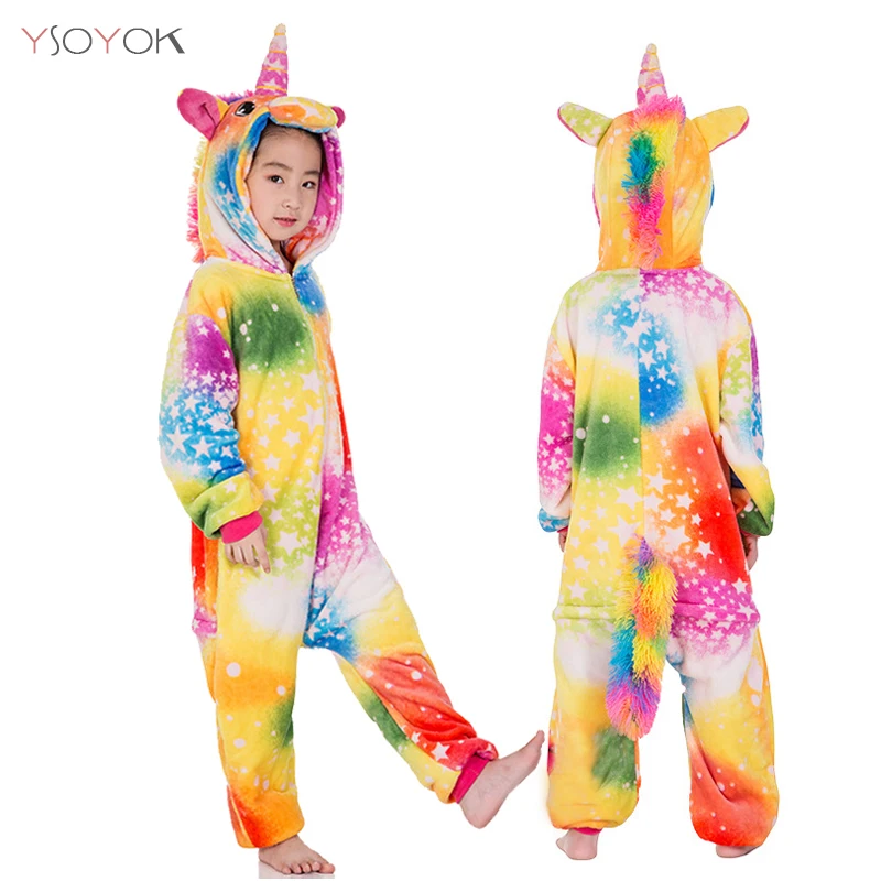 Colorful unicorn Kigurumi/зимняя Пижама для мальчиков и девочек; комбинезон с единорогом из мультфильма; детская одежда для сна; фланелевый теплый комбинезон для малышей; детские пижамы - Цвет: Colorful unicorn