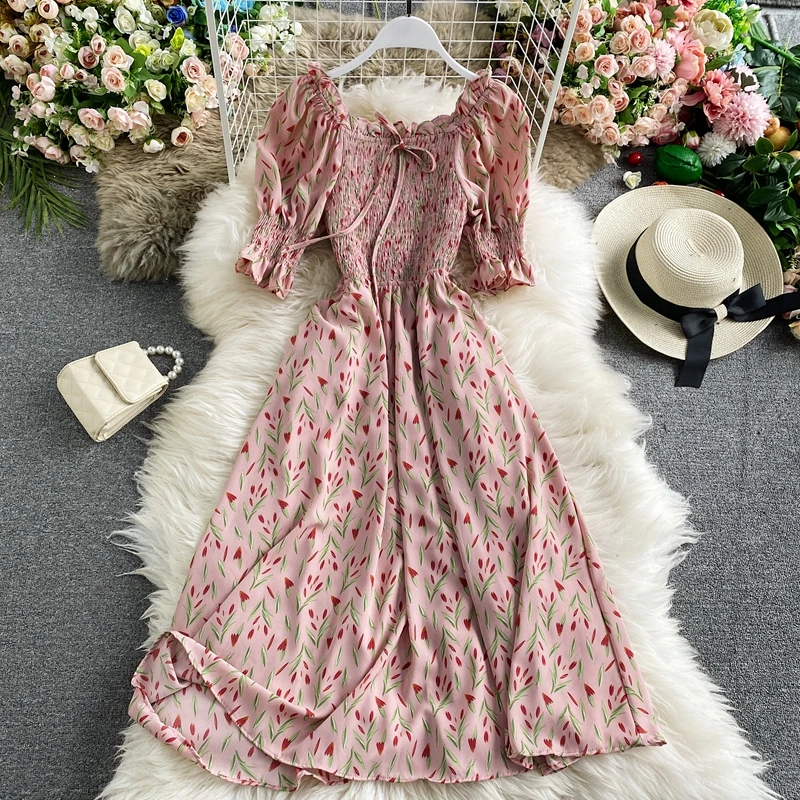 Summer Ruffles midi dress women 2020 New floral Print high waist long sleeve boho Vintage womens sexy ruffled female | Женская одежда