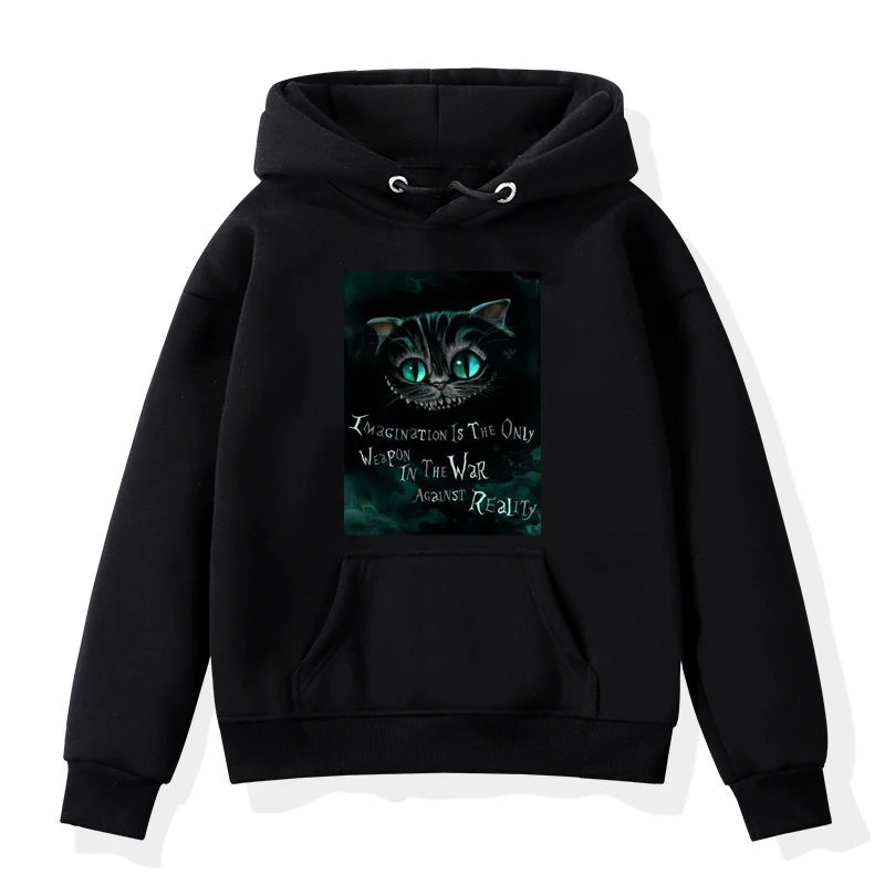 Cheshire Cat/худи для мужчин и женщин; Крутая толстовка с принтом; толстовки для подростков; хлопковые повседневные толстовки; Топы в стиле хип-хоп; уличная одежда; черный пуловер