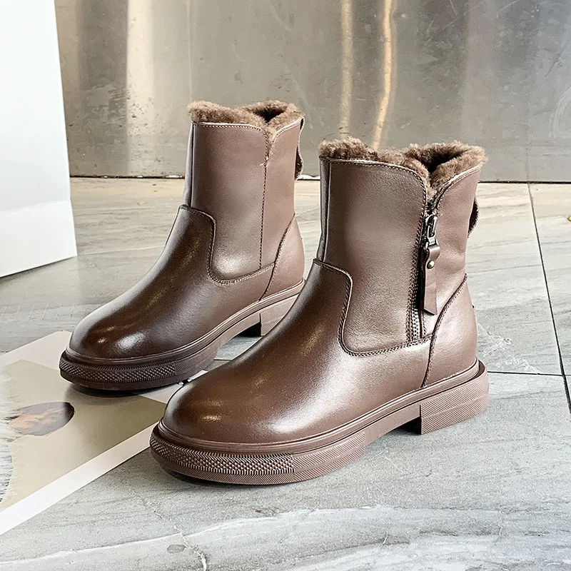 Zapatos de mujer; Новинка года; зимние кожаные женские хлопковые ботинки; шерстяные пинетки с боковой молнией; кожаные женские ботинки - Цвет: Коричневый