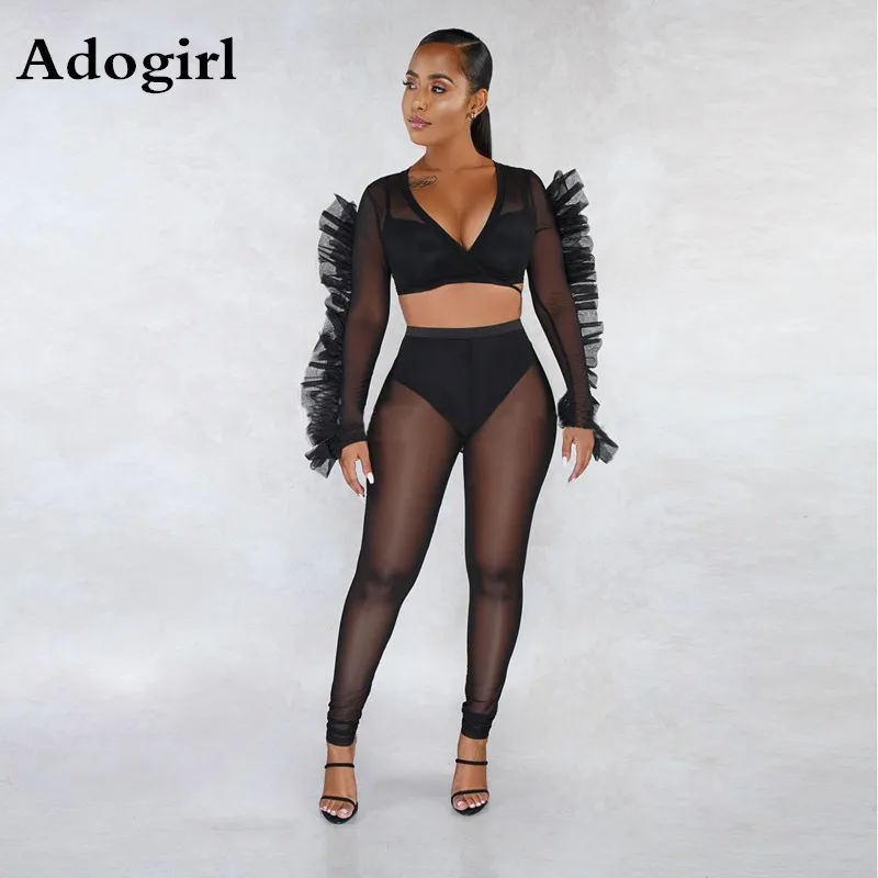 

Black Color Perspective Mash Patchwork Sexy Style Women 2 Piece Set Long Ruffles Sleeve V Neck Slim Top And High Waist Pants