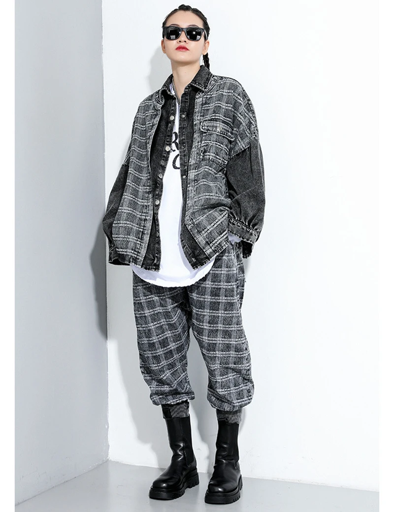 [EAM] High Elastic Waist Black Denim Plaid Harem Trousers New Loose Fit Pants Women Fashion Tide Spring Autumn 2020 1DA090