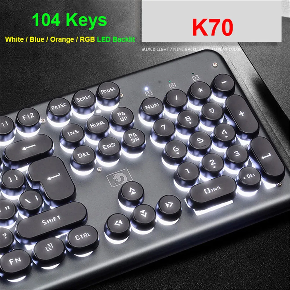 Игровая механическая клавиатура, 104 клавиш, RGB подсветка, Ретро Круглый Светящийся брелок, металлическая панель, USB Проводная Подсветка, водонепроницаемая