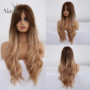 ALAN EATON Ombre Wavy Wigs Black Brown Blonde Middle Part Cosplay Synthetic Wigs with Bangs For Women Long Hair Wigs Fake Hair tanie i dobre opinie High Temperature Fiber 1 Piece Only 130 Average Size