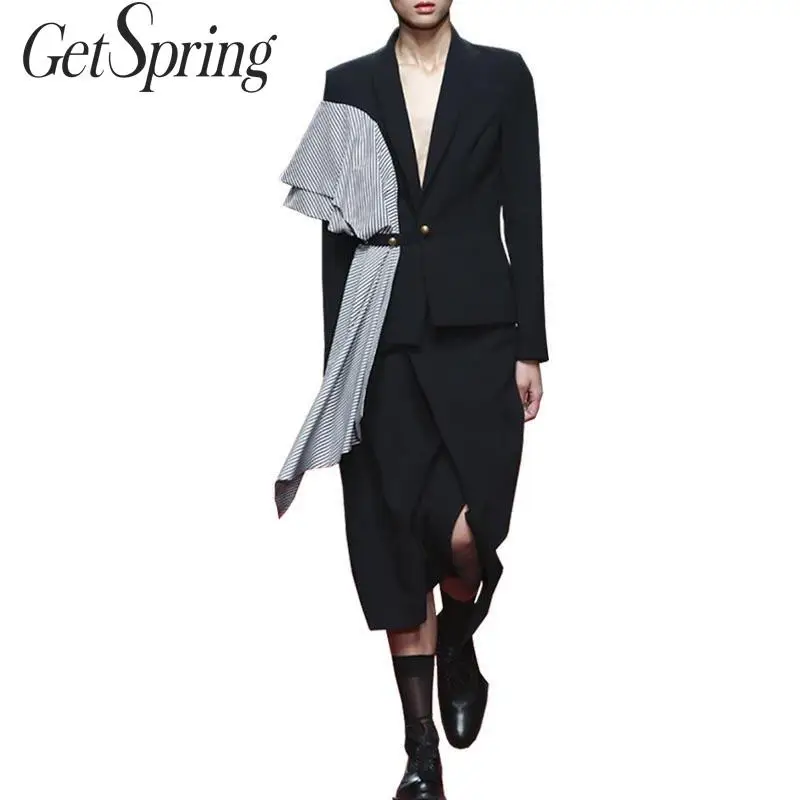 

GetSpring Women Sets Women Skirt Set Striped Stitching Belt Women Blazer With Split Long Black Skirt Two Piece Set 2019 Autumn