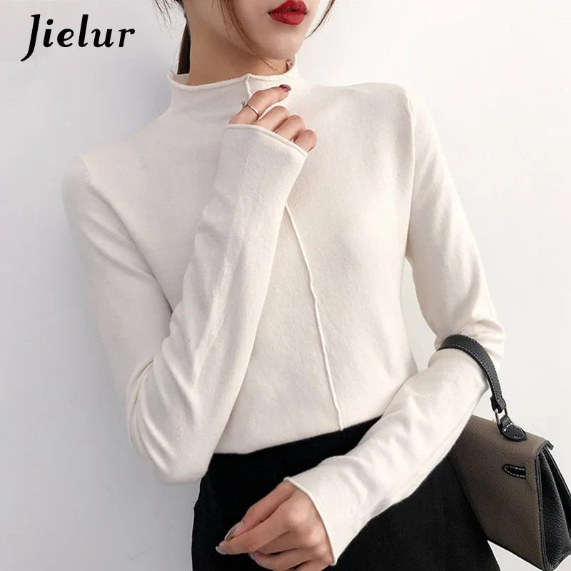 Jielur пуловер свитер женский базовый вязанный длинный рукав корейский водолазка зима осень тонкие топы джемпер облегающий плотный свитер - Цвет: Apricot