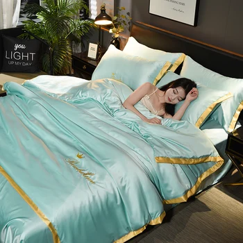 

Summer ice silk four-piece European bedding silk sheets bedding slip naked sleep in summer