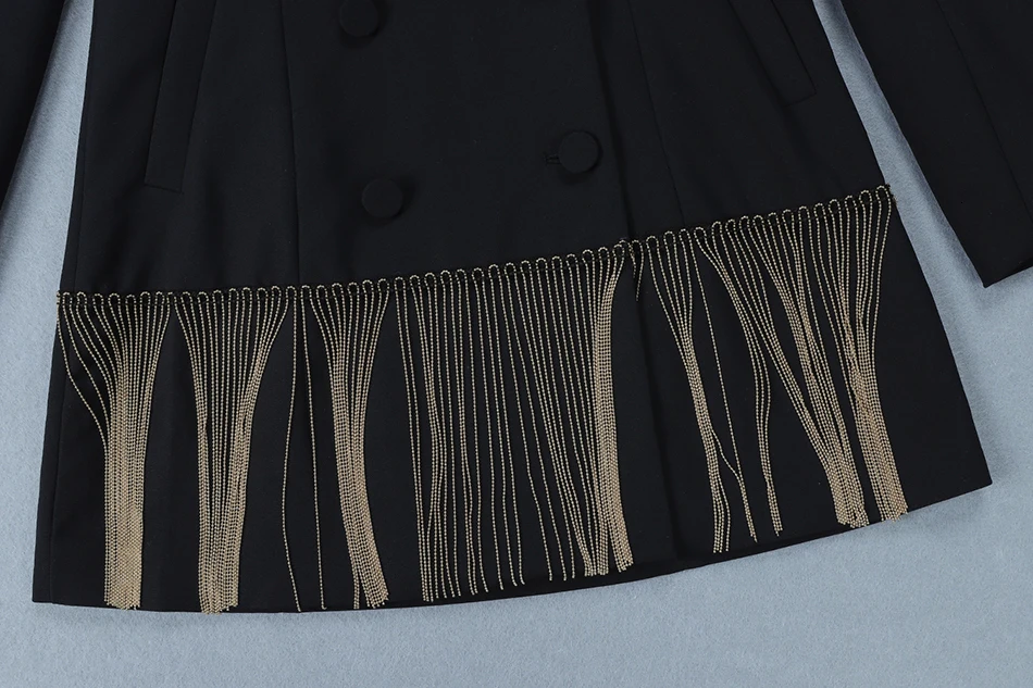 DEAT Autumn Winter Women Black Double Breasted Button Rhinestone Tassel Notched Collar Slim Blazer Women Coat 19J-a88