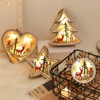 

Color Painted Wooden Frame Christmas Ornament Lamp Battery Operated Xmas Tree Hanging Pendant Holiday Decor Supplies