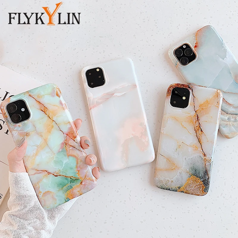 

FLYKYLIN Smooth Marble Silicon Case For iphone 11 Pro Max Back Cover on For iphone 6 S 6S 7 8 Plus X XS XR Pink Blue Phone Coque