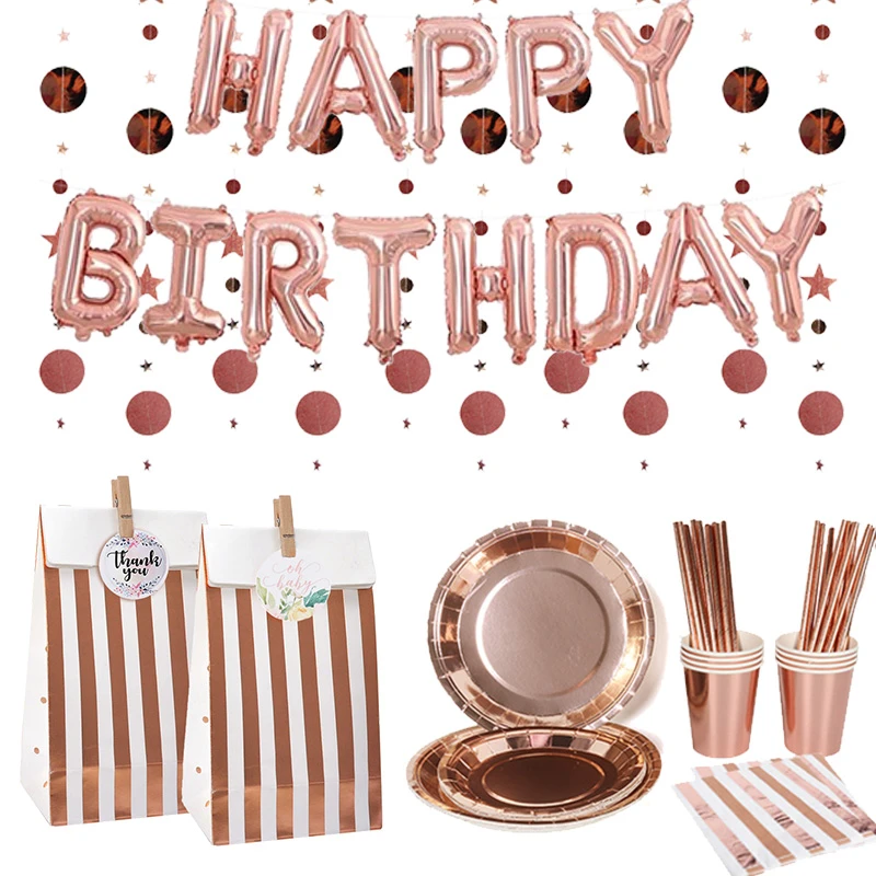 Vaisselle Jetable En Or Rose Avec Ballons Pour Fete D Anniversaire Decoration Pour Fete Prenatale Aliexpress