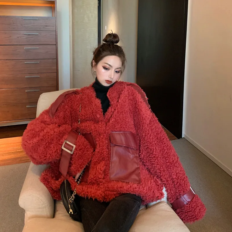 

Lamb fur coat women autumn winter popular plush thickened motorcycle clothing loose jacket streetwear harajuku corduroy jacket
