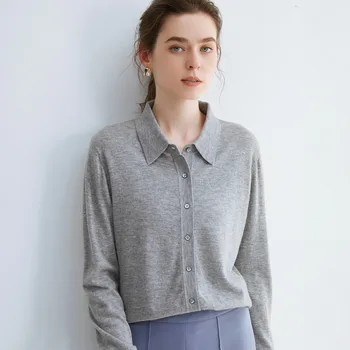 

Spring and Autumn Women's New Solid Color Button Long Sleeve Knit Cardigan gray