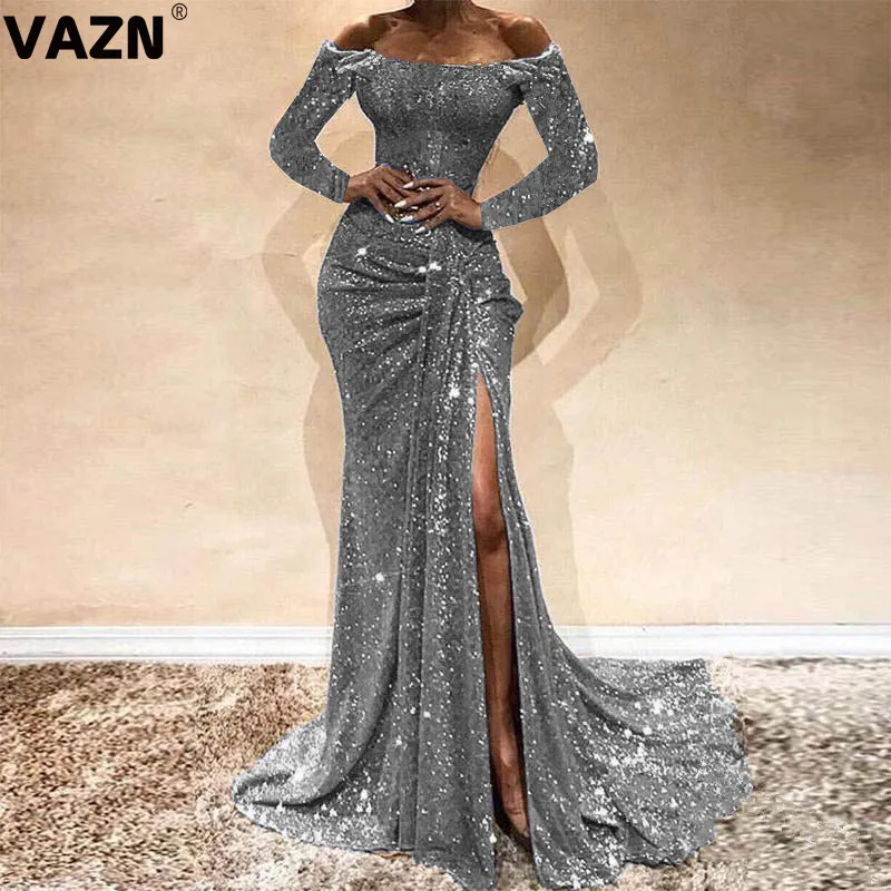 sliver full sleeve VAZN,, золотая медаль, сексуальное женское платье-Русалка с вырезом лодочкой в клубном стиле - Цвет: sliver full sleeve