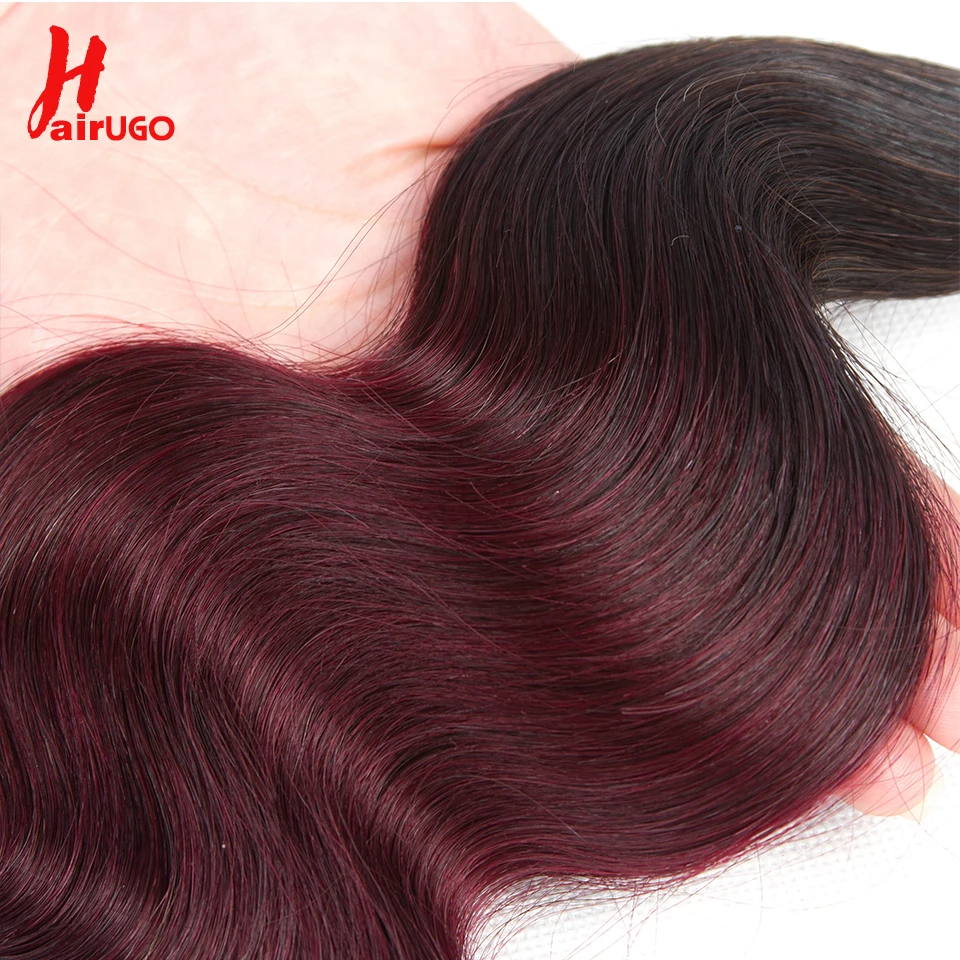 Бразильские волнистые волосы HairUGo пряди с закрытием Ombre 1B/99J бордовые
