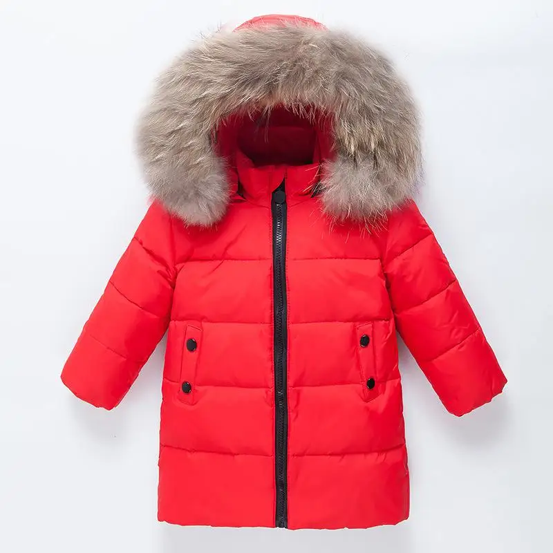 Новая зимняя куртка на утином пуху для мальчиков и девочек, длинная куртка, зимняя одежда для мальчиков, теплые пуховые пальто с воротником из натурального меха для девочек - Цвет: red