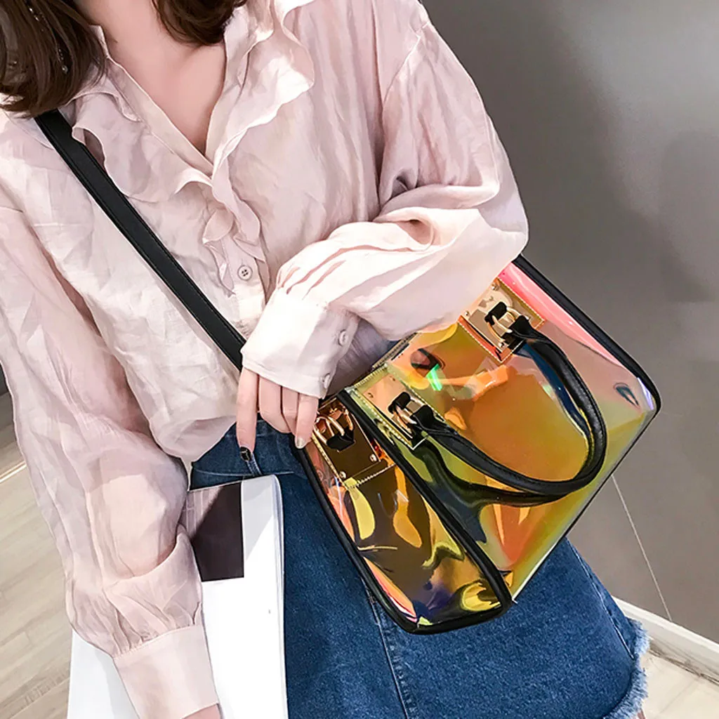 

Multi-Function Color PVC Messenger Bag Women Zipper Transparent Satchels Handbag Girl Laser Shoulder Bag Luxury bolsas 2019 #T