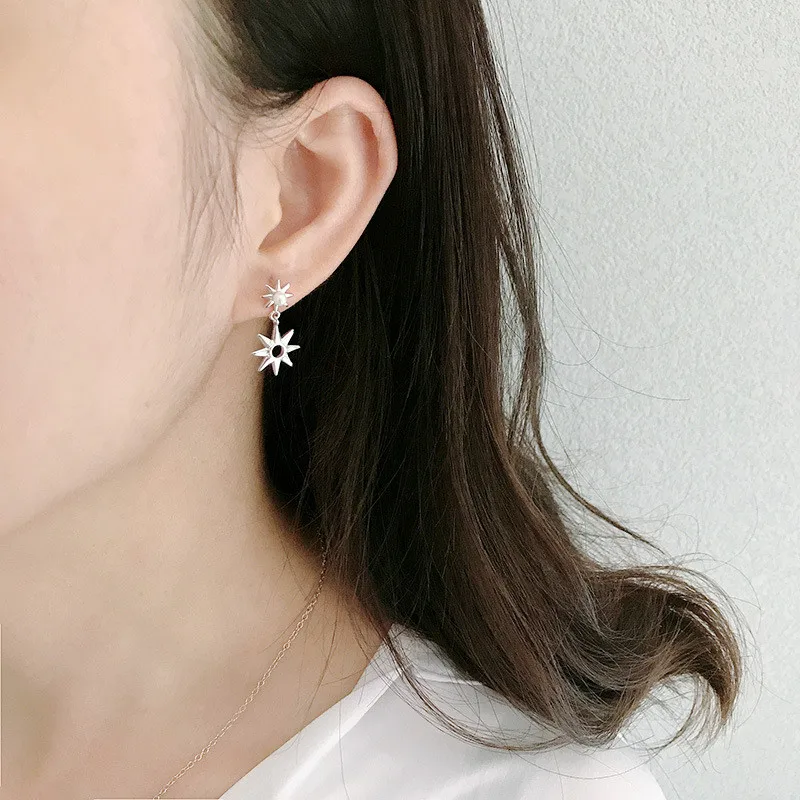 RUIYI Real 925 Sterling Silver Women Cold Wind Fashion Hexameron Charm Earrings Girls Young Niche Sunflower Pearl Stud Earrings