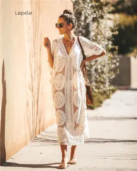 

2020 New Sexy Beach Cover Up Women Bikini Swimwear Cover Up Lace Hollow Crochet Beach Dress Long Tunics Bathing Suits Cover-Ups