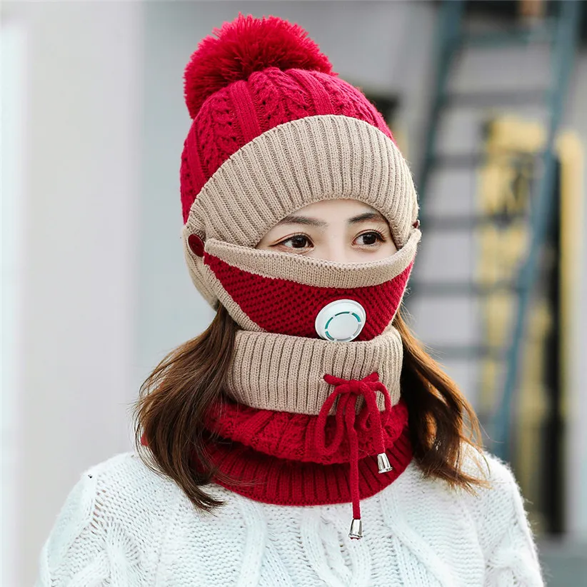 Winter Knit Set Women Girls Patchwork Ball Hat Skullies Beanies Lace-up Scarf O Ring Face Mask Woman Ski Cap 9108