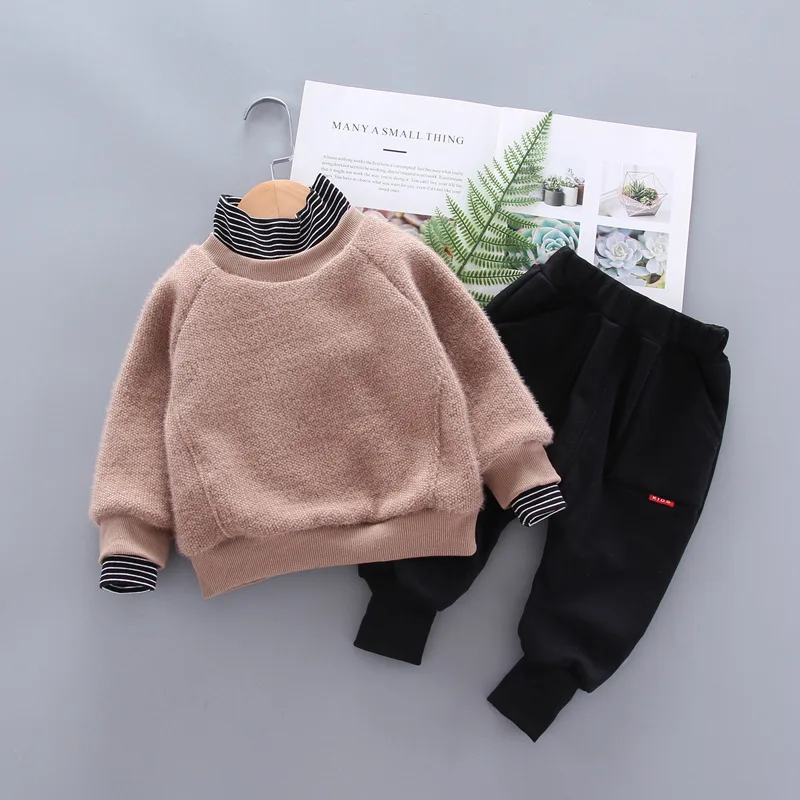 

Childrenswear 2019 Winter BOY'S Solid Color plus Velvet High Collar Hoodie New Style Children Girls Thick Two-Piece Set