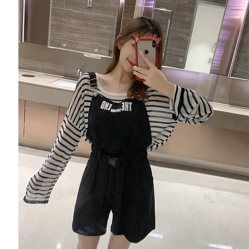 

Customizable Two-Piece 2019 Summer New Style Korean-style Slimming Striped Shirt + High-waisted Suspender Pants WOMEN'S Suit F74