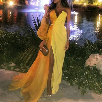 

Hot Sale Evening Dresses Yellow V Neck Long Sleeves High Split Custom Made Prom Party Runway Fashion Gowns In Stock Cheap