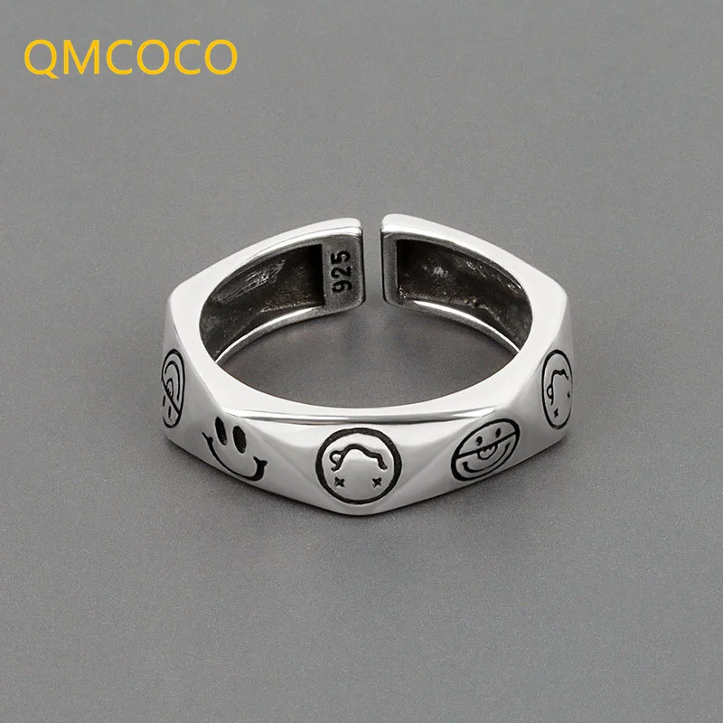 QMCOCO Silver Color Personality Geometry Thai Silver Ring For Women Trendy Punk Party Jewelry Decoration