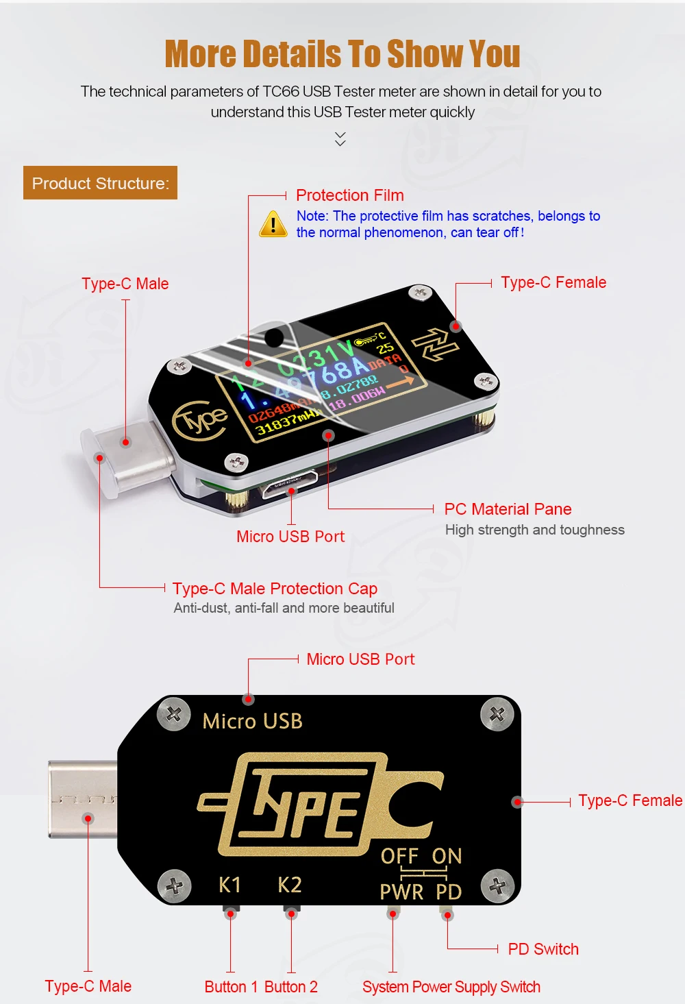 TC66/TC66C тип-c PD USB-C Вольтметр Амперметр Напряжение 2 способ измеритель тока мультиметр PD зарядное устройство батарея USB Тестер