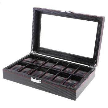 

12 Slots PU Leather Watch Display Case Glass Top Locking Storage Organizer