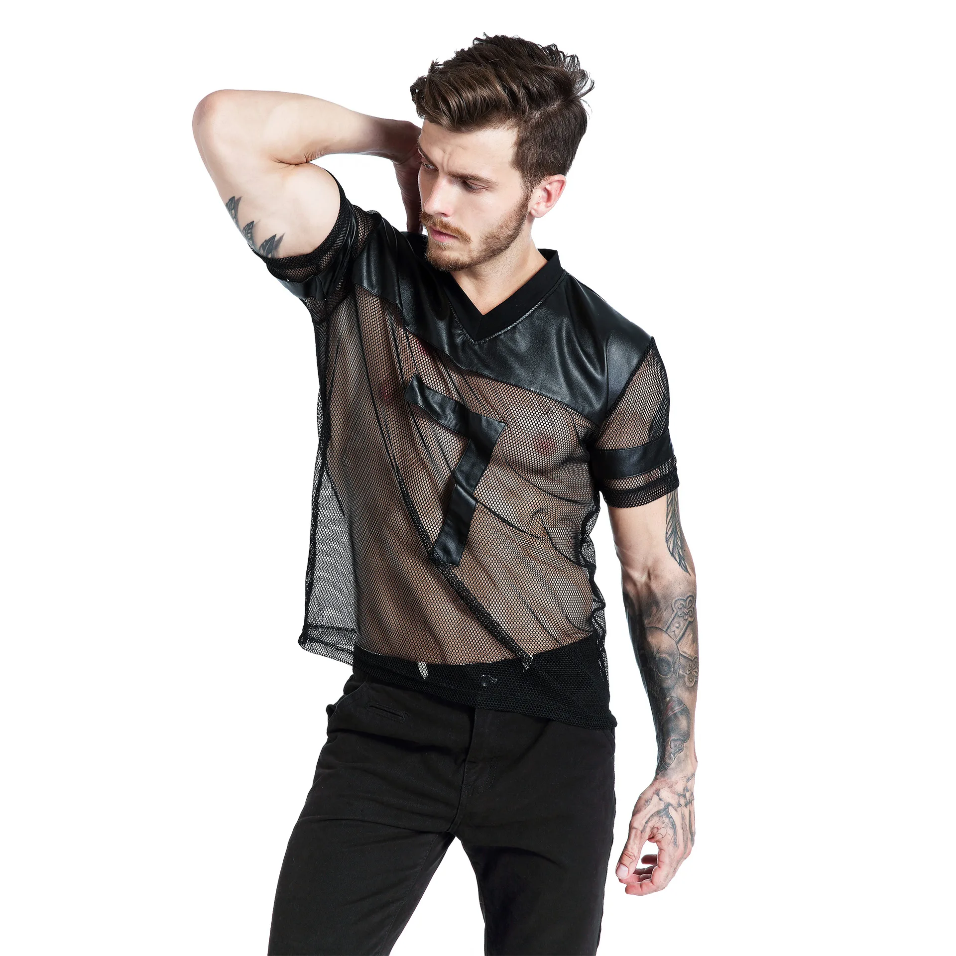 Мужские футболки из искусственной кожи мужские сексуальные топы для фитнеса