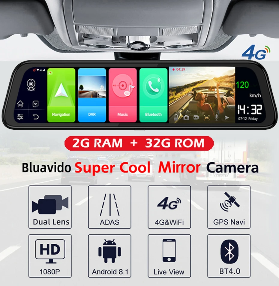 Bluavido 1" ips 4G Android 8,1 автомобиля Зеркало заднего вида DVR gps навигация 2G Оперативная память FHD 1080P Dash Cam ADAS Автомобильный видео Камера Регистраторы