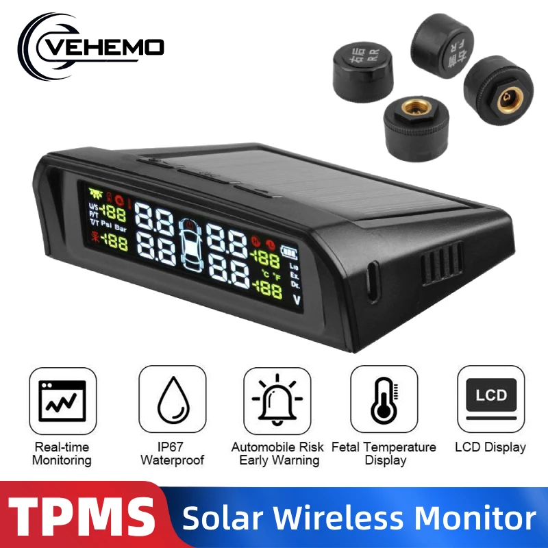 Беспроводная Солнечная USB TPMS портативная система контроля давления в шинах с 4 внешними датчиками Анти-взрыв температура предупреждение TPMS