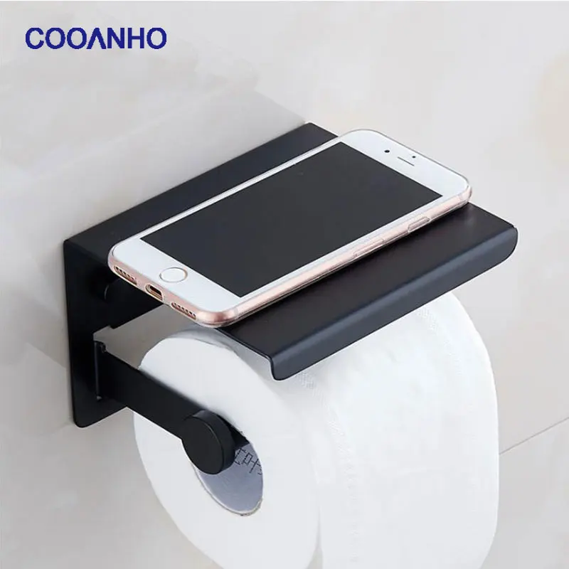 

COOANHO Matte Black Toilet Paper Holder With Shelf, Wall-Mounted Paper Towel Holder, Suitable For Bathroom Kitchen