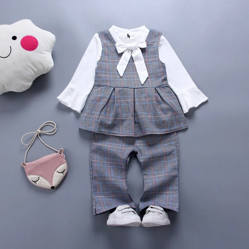 Stylish Children Set Baby Girl Formal Dress Shirt Tops Plaid Vest Dress Pants Outfit 3PCS Autumn Xmas Suits