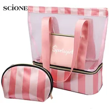 Women Swimming Bag Mesh Bags Handbags Wet Dry  Bags Net Tas Pool Beach Pouch sack Sac De Sport Striped clear Transparent XA387WA