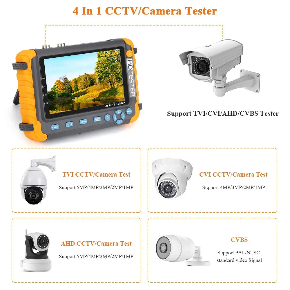 5 дюймов TFT ЖК-монитор CCTV Тест er 4 в 1 5MP TVI AHD CVI тестер аналоговых камер поддержка VGA HDMI вход видео UTP кабель тест