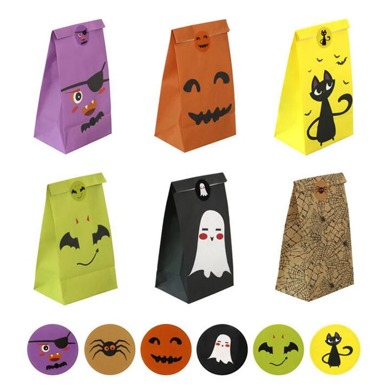12pcs Halloween Candy Box Paper Gift Boxes Ghost Pumpkin Spider Cat Ghost Bag Packaging Cookie