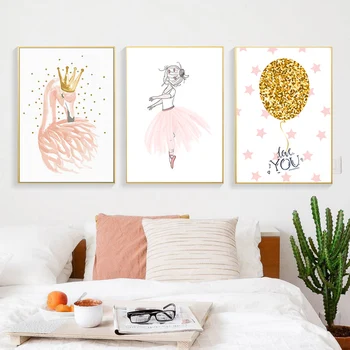 

Yellow Balloon Wall Art Poster Nordic Kids Print Ballet Girl Canvas Painting Swan Cartoon Poster Wall Pictures Baby Room Decor