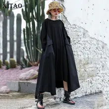 XITAO Tide лоскутное необычное черное платье Женская мода плюс размер карман Макси платье одежда Пуловер Осень WQR1342