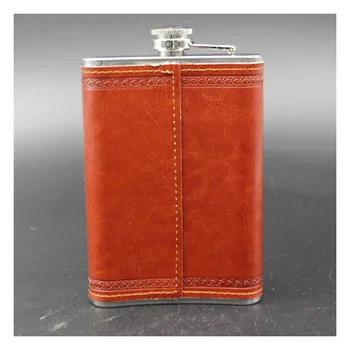 

9oz Stainless Steel Hip Flask Flagon Wine Pot Outdoor Portable PU Leather Cover Whiskey Bottle
