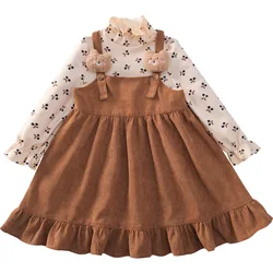 2021 novo 2 pçs crianças conjunto de saia suspender plissado vestido floral manga longa camiseta moda meninas 2 peça conjuntos para meninas