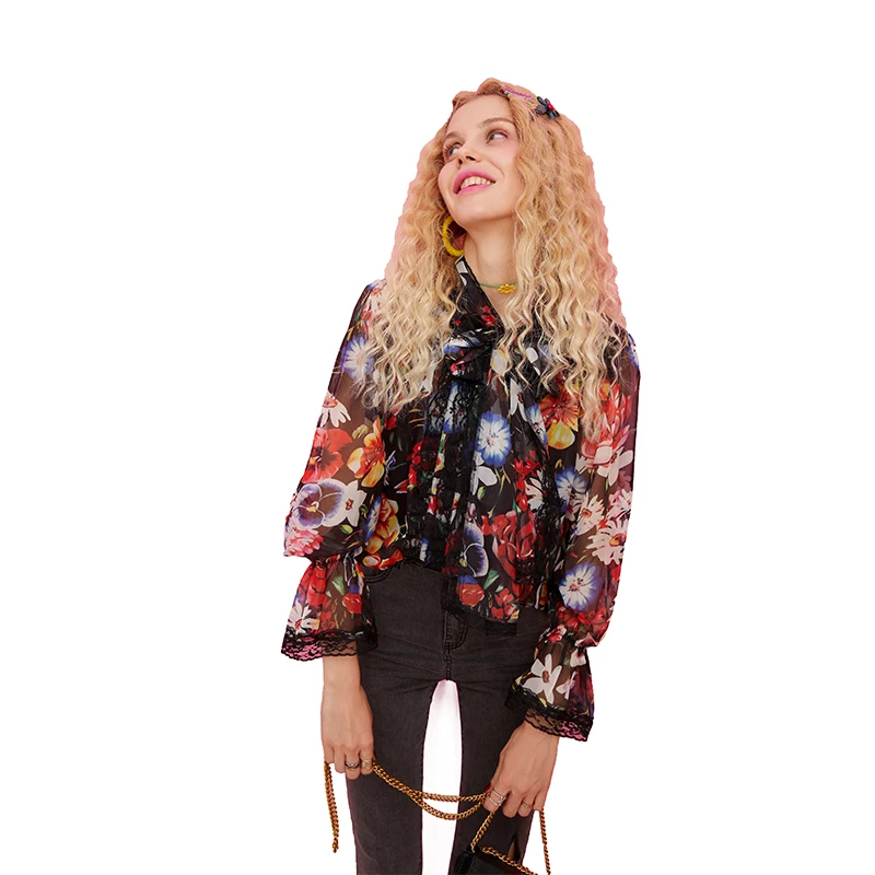 ELFSACK Цветочный принт контрастным шнурком Boho Шифоновая блузка рубашка женская одежда осень для отдыха с длинными рукавами блузки для девушек