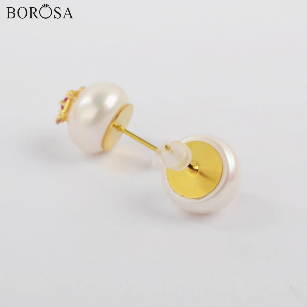 BOROSA серьги из натурального жемчуга, 10 пар, элегантные, 11 мм., много фианитов, с покрытием из натурального пресноводного жемчуга, серьги-гвоздики для женщин, повседневные ювелирные изделия G1918