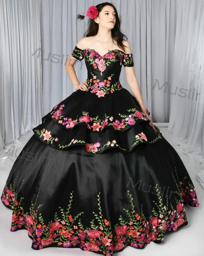 Mexican Black Quinceanera Dresses Charro Detachable Skirt Floral Embroidered Off The Shoulder Vestidos De 15 Xv A&ntilde;os Customized