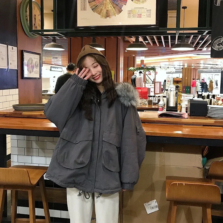 

Photo Shoot 2019 Korean-style BF Style Loose-Fit Workwear Hooded Large Fur Collar Thick Cotton Coat